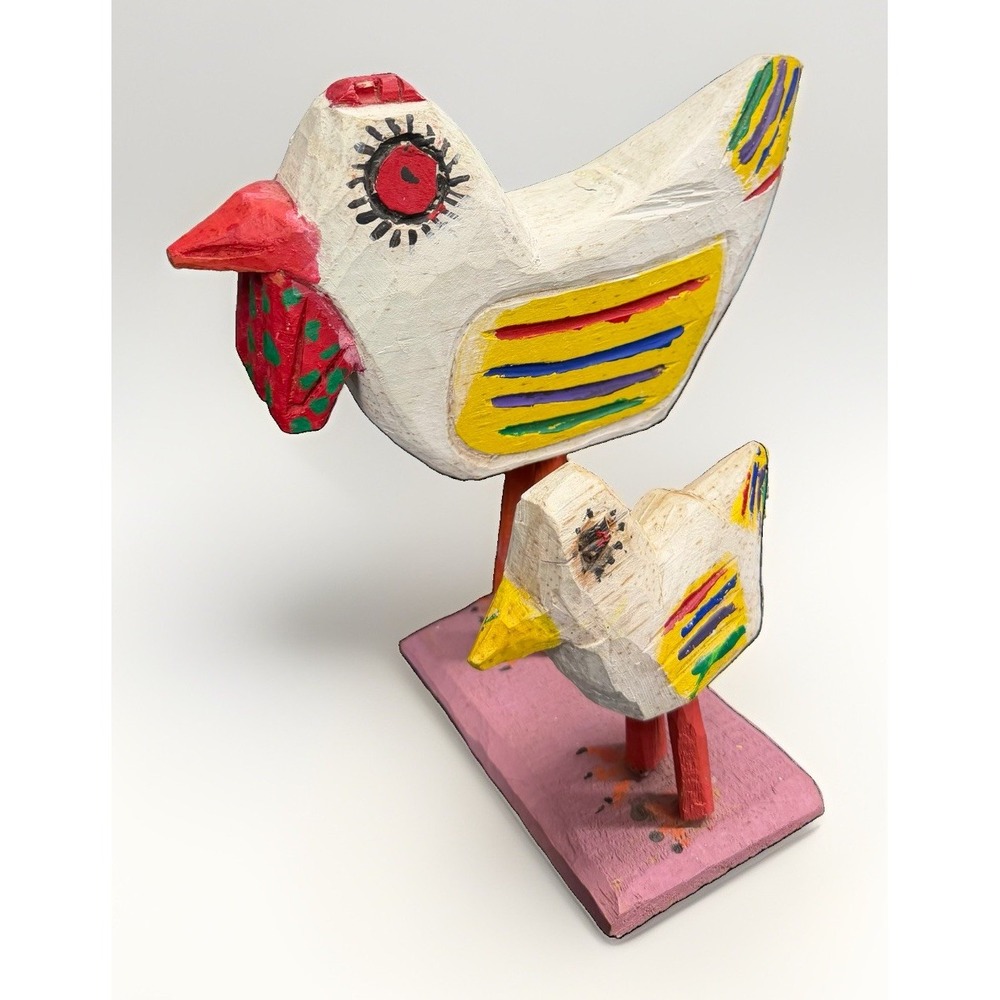Vintage Folk Art Wood Chicken Hen & Chick Hand Carved Painted Primitive 10"